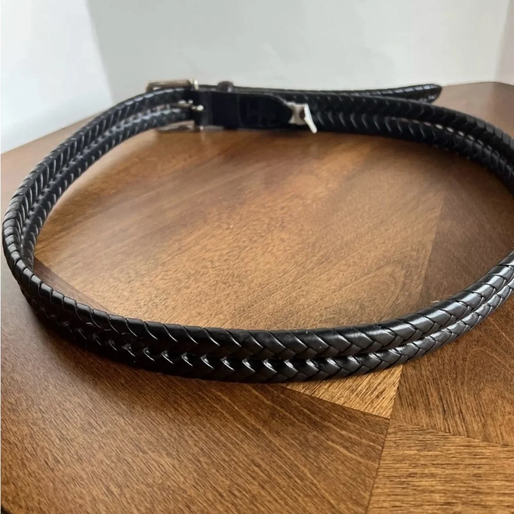 Fossil Belt Sz 95/38 Black Genuine Leather Silver Tone Buckle Braided MB3040001